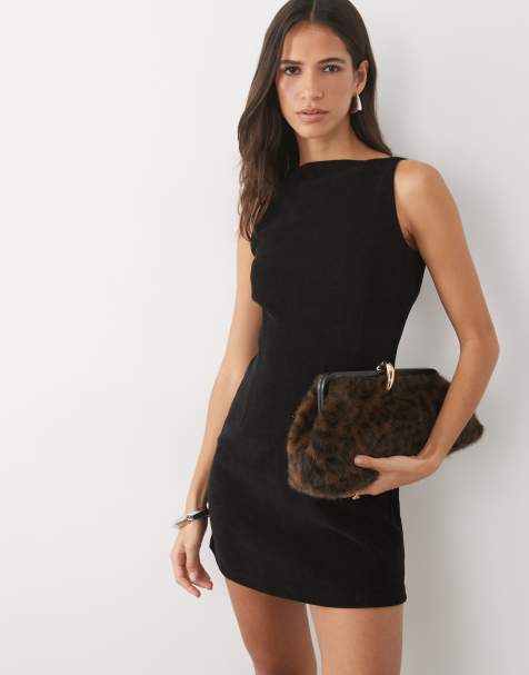 ASOS DESIGN robe courte en velours côtelé souple à encolure bateau noire - view 1
