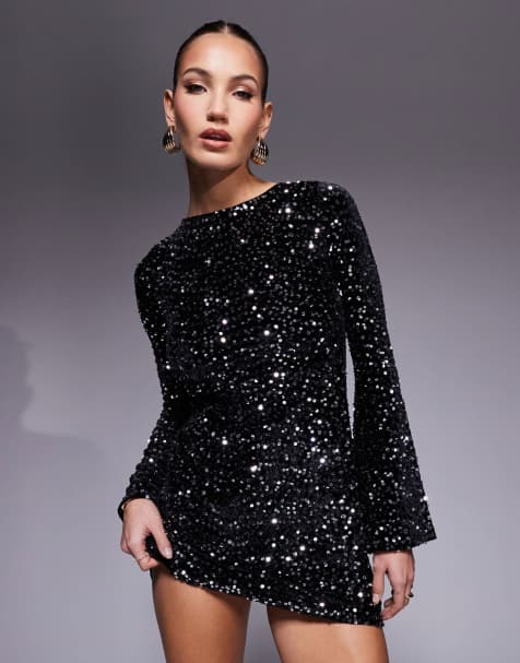 ASOS DESIGN - Robe courte en velours ornée de sequins argentés avec manches ange et dos échancré - Noir - view 1