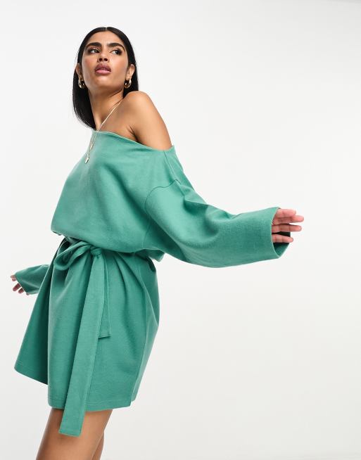 ASOS DESIGN Robe courte et ample en tissu ultra doux avec ceinture et paules d nud es Sauge