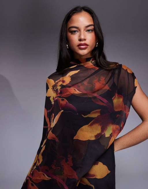 ASOS DESIGN - Robe courte et asymétrique effet drapé à imprimé fleuri abstrait avec encolure montante et découpe - Noir, 4 de 4