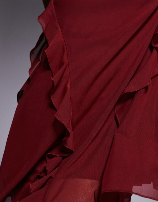 ASOS DESIGN - Robe courte et évasée en tulle avec volants et godets - Bordeaux, 3 de 4