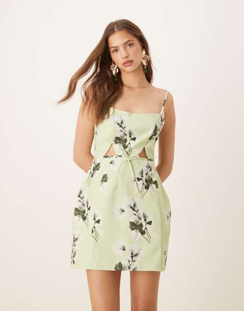 ASOS DESIGN - Robe courte et structurée à imprimé fleuri avec découpes et nœuds - Sauge - view 1