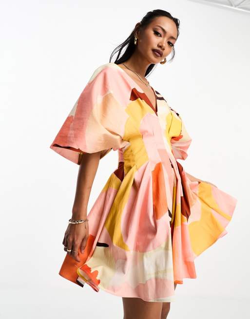 ASOS DESIGN Robe courte et structur e imprim graphique color avec col V et manches courtes Rose