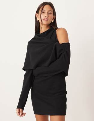 Robe courte et ultra douce à encolure bateau et superposition drapée - Noir-Gris 40