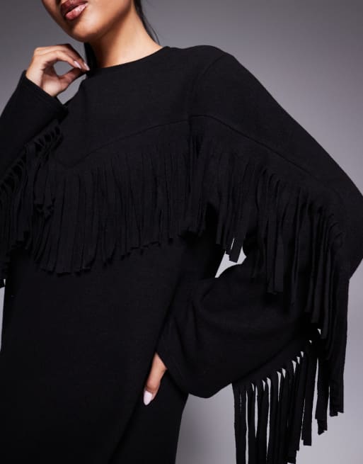 ASOS DESIGN - Robe courte et ultra douce à franges - Noir, 3 de 4
