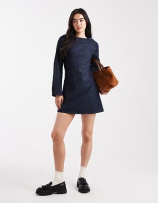 Robe courte évasée en denim avec manches longues - Brut-Bleu 36