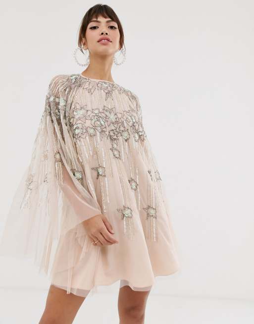 ASOS DESIGN Robe courte fa on cape avec motifs lin aires et fleuris en perles et sequins