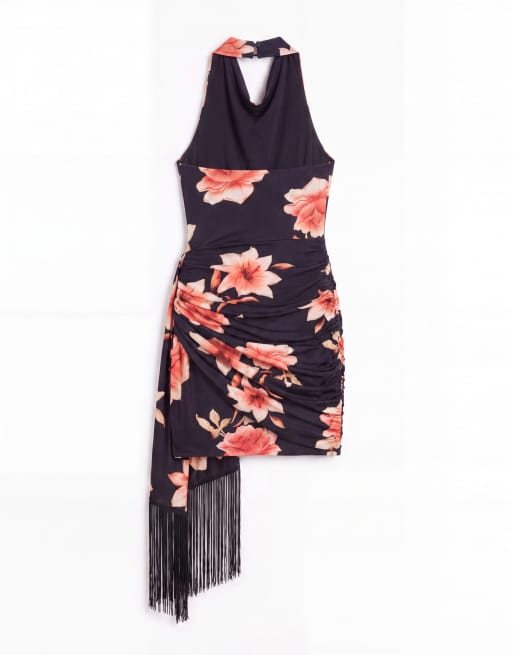 ASOS DESIGN robe courte fluide à imprimé fleuri, col montant drapé, avec écharpe à franges noire, 6 de 7