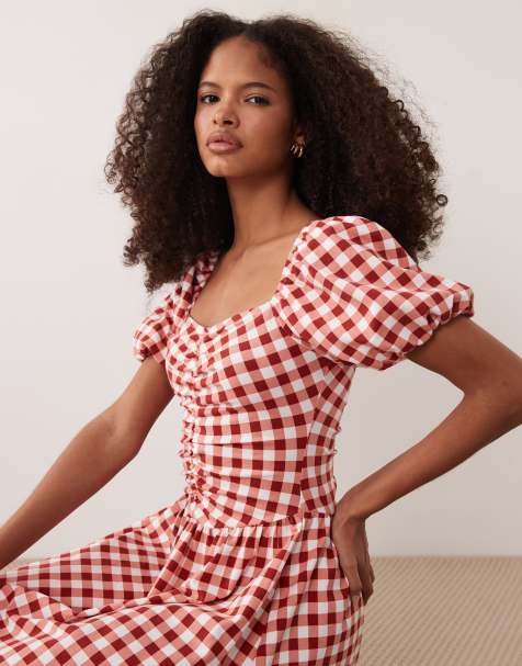 ASOS DESIGN - Robe courte froncée devant - Vichy rouge - view 1