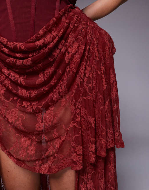 ASOS DESIGN - Robe courte froncée en dentelle de qualité supérieure avec corset, hanches et jupe asymétrique - Mûre, 4 de 4