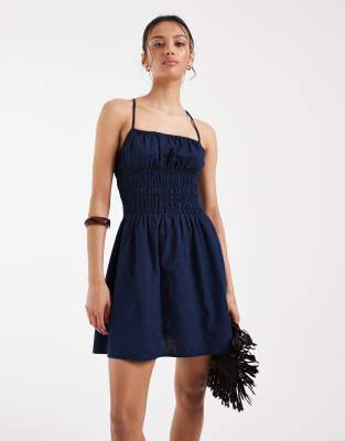 Robe courte froncée en jean - Encre délavé-Bleu 44