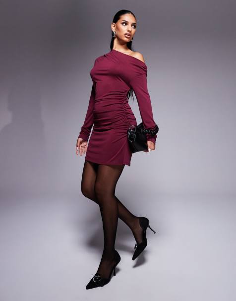 ASOS DESIGN - Robe courte froncée en modal avec épaule tombante - Bordeaux - view 1