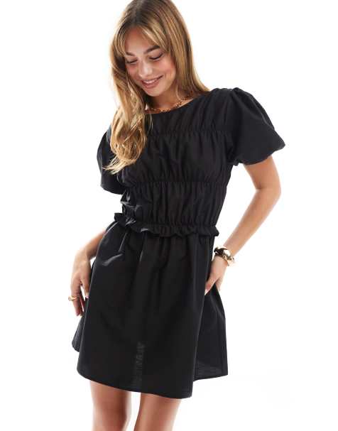 ASOS DESIGN - Robe courte froncée en popeline - Noir - view 1