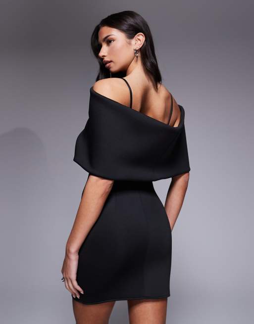 ASOS DESIGN - Robe courte imitation néoprène à encolure Bardot prononcée et cape dans le dos - Noir, 2 de 4