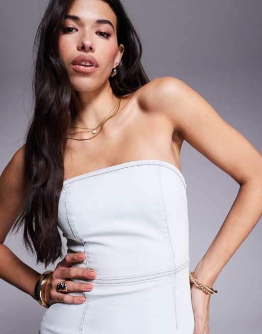 ASOS DESIGN - Robe courte moulante coupe bandeau en jean - Délavage clair, 4 de 4
