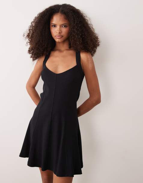 ASOS DESIGN - Robe courte nervurée à surpiqûres et encolure américaine - Noir - view 1