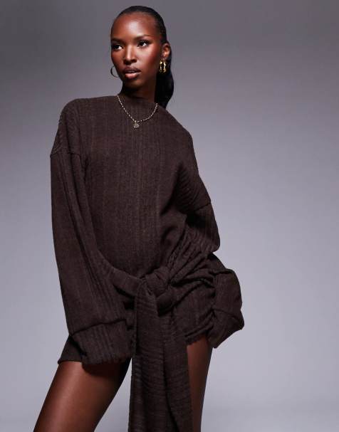 ASOS DESIGN - Robe courte nouée à la taille en maille épaisse ultra douce - Chocolat - view 1
