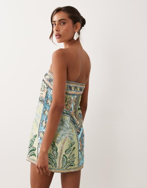  ASOS DESIGN - Robe courte ornementée à imprimé palmiers et corset intérieur - Turquoise, 4 de 4