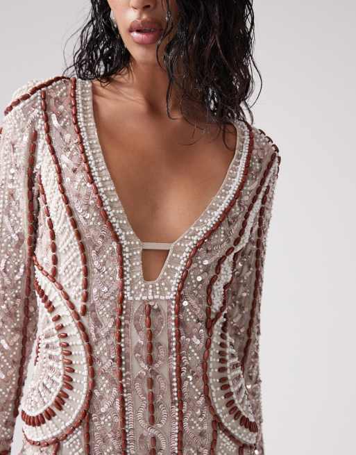 ASOS DESIGN - Robe courte ornementée à manches longues et perles en bois - Taupe, 4 de 4