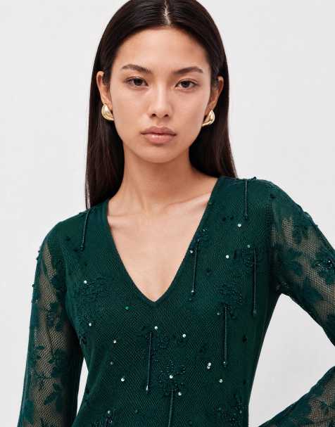 ASOS DESIGN - Robe courte ornementée en crochet à décolleté plongeant et manches longues - Vert - view 1