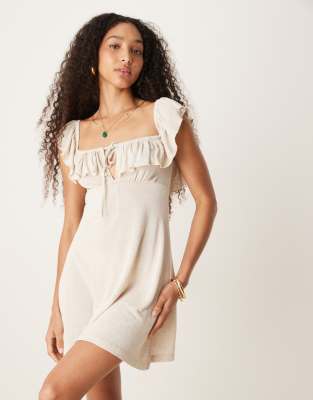 Robe courte patineuse aspect lin à encolure carrée et volants - Ivoire-Blanc 46