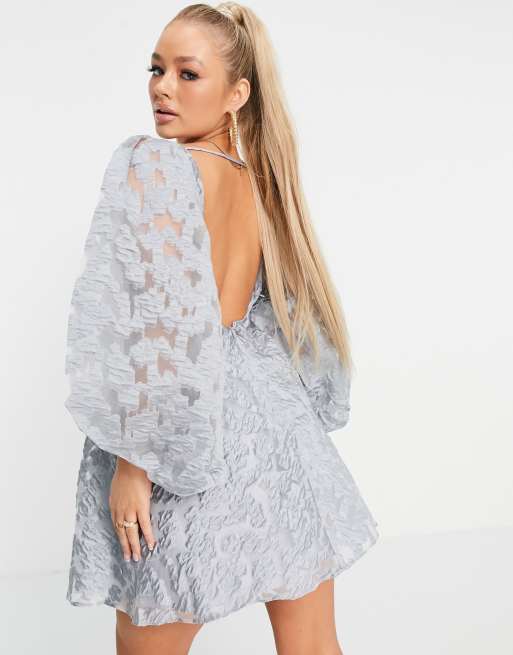 ASOS DESIGN - Robe courte patineuse style corset à manches bouffantes en jacquard - Bleu