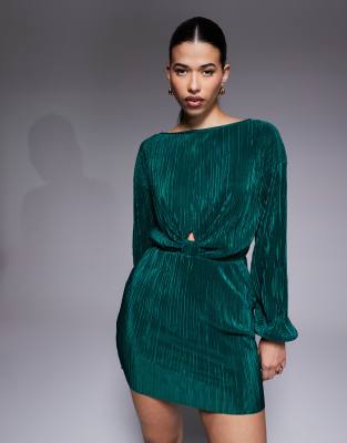 Robe courte plissée à détail torsadé - Vert bouteille-Pas de couleur XS
