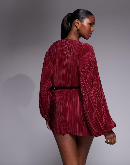 ASOS DESIGN - Robe courte plissée à manches ballon - Bordeaux, 4 de 4