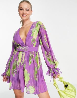 ASOS DESIGN - Robe courte plissée à manches ballon et ceinture - Imprimé fleurs violet | ASOS
