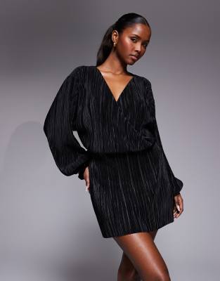 Robe courte plissée à manches ballon - Noir 42