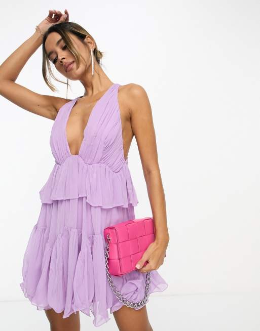 FhyzicsShops DESIGN - Robe courte plissée à volants étagés avec décolleté plongeant - Violet