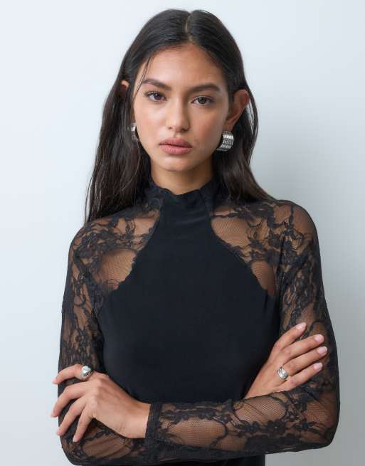 ASOS DESIGN robe courte près du corps à col montant et manches en dentelle, noire, 3 de 5