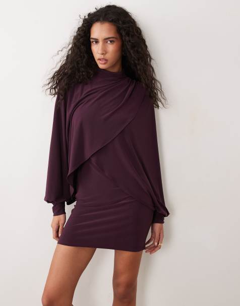 ASOS DESIGN robe courte près du corps à manches blousantes croisées couleur cassis - view 1