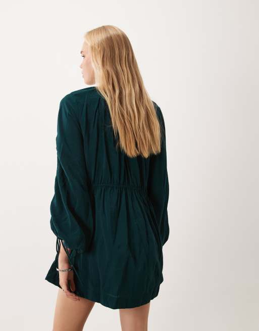 ASOS DESIGN - Robe courte ras de cou avec taille froncée et manches bouffantes - Sarcelle foncé, 4 de 4