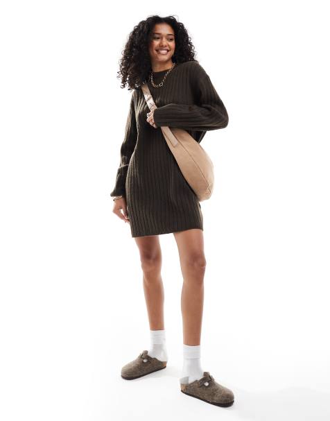 ASOS DESIGN - Robe courte ras de cou en maille à côtes larges - Chocolat - view 1