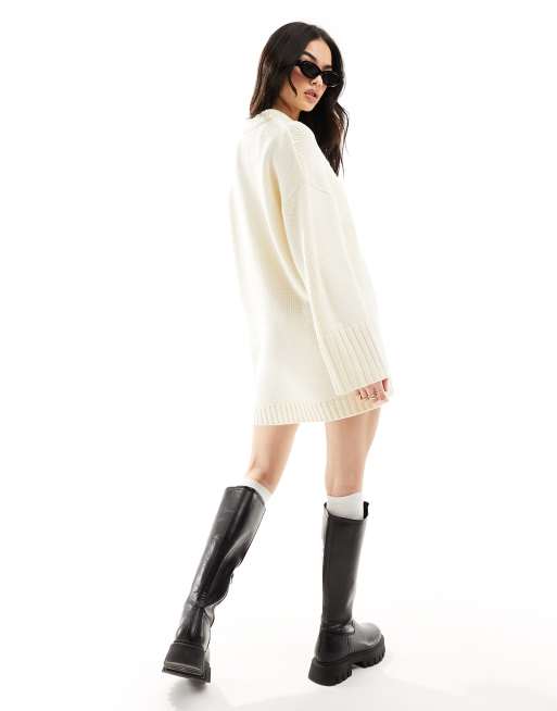 ASOS DESIGN - Robe courte ras de cou en maille à manches amples et ourlet côtelé - Crème