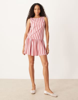 Robe courte rayée en lin mélangé à taille basse - Rose XS