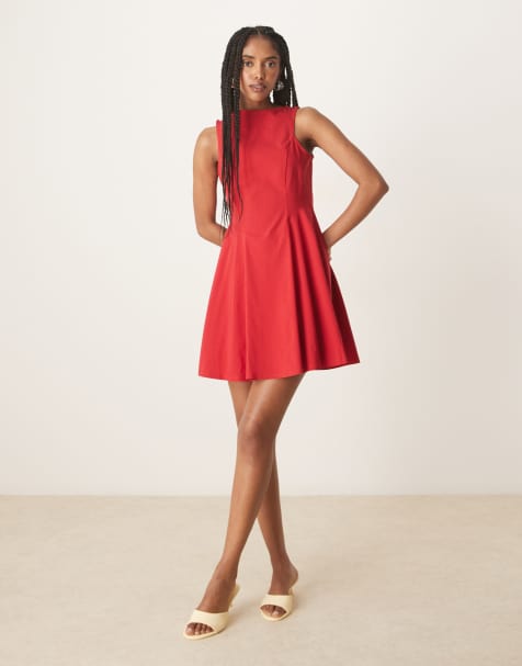 ASOS DESIGN - Robe courte sans manches en bengaline avec dos nu et jupe patineuse - Rouge - view 1