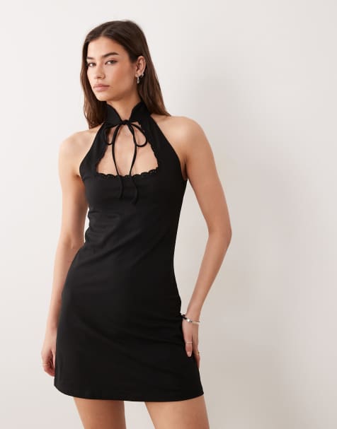 ASOS DESIGN - Robe courte sans manches en crêpe avec col montant et détail noué - Noir - view 1