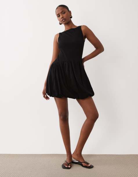 ASOS DESIGN - Robe courte sans manches en tissu nervuré à ourlet boule - Noir - view 1