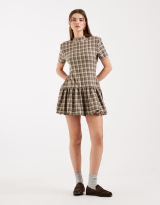 Robe courte structurée à carreaux avec ourlet boule - Marron-Brown 44