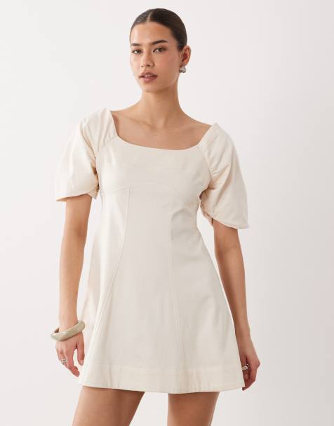 ASOS DESIGN - Robe courte structurée en coton à encolure carrée et bretelle dans le dos - Blanc antique - view 1