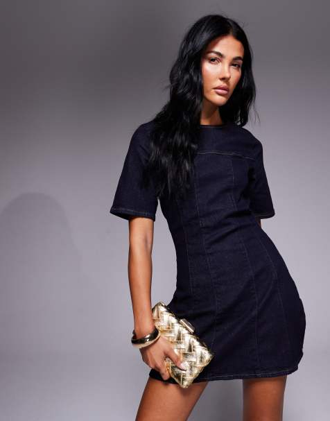 ASOS DESIGN - Robe courte structurée en jean avec taille cintrée - Bleu foncé délavé - view 1