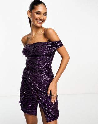 ASOS DESIGN twist off shoulder bardot sequin mini dress in purple - ASOS Price Checker