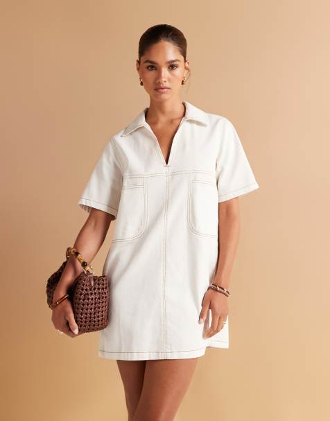 ASOS DESIGN - Robe courte style polo de rugby en denim avec coutures contrastantes - Écru - view 1
