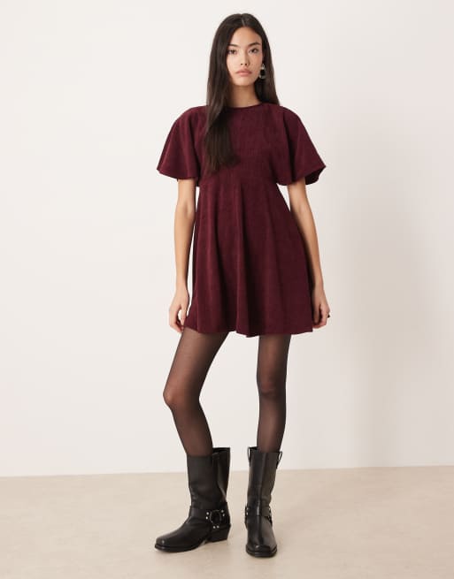 ASOS DESIGN - Robe courte style t-shirt en velours côtelé avec coutures apparentes - Prune, 3 de 4