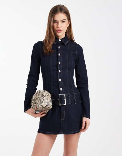 ASOS DESIGN - Robe courte taille basse en jean avec ceinture - Indigo - view 1