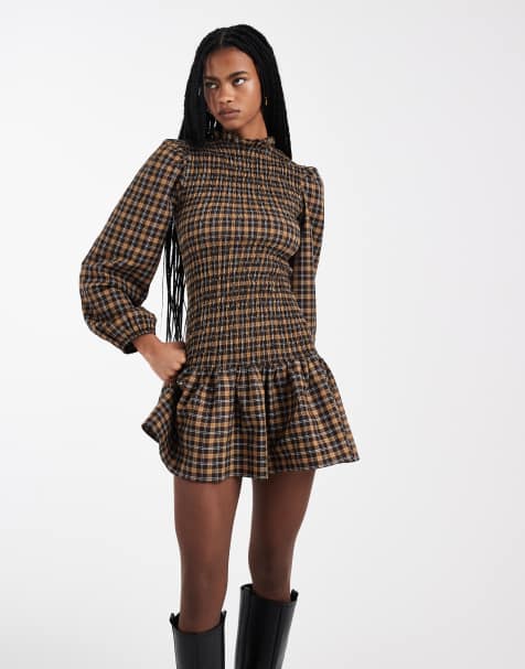 ASOS DESIGN - Robe courte taille basse froncée à carreaux - Marron - view 1