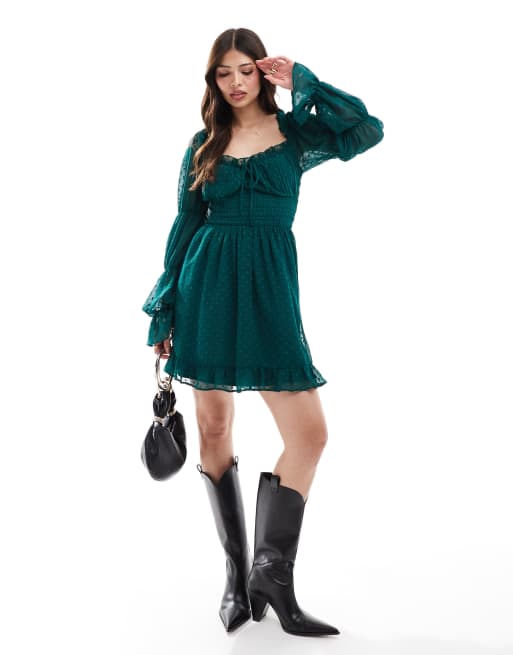 ASOS DESIGN - Robe courte tendance folk en plumetis avec manches longues et taille froncée - Vert sapin, 4 de 4