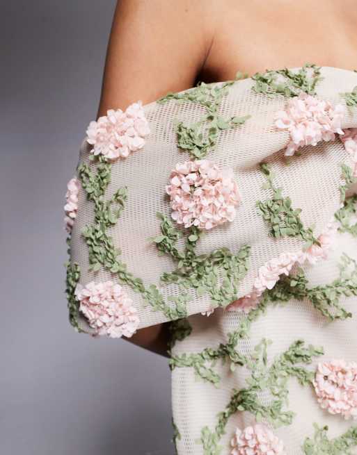 ASOS DESIGN - Robe courte texturée à fleurs structurées effet encolure bardot - Crème, 3 de 4